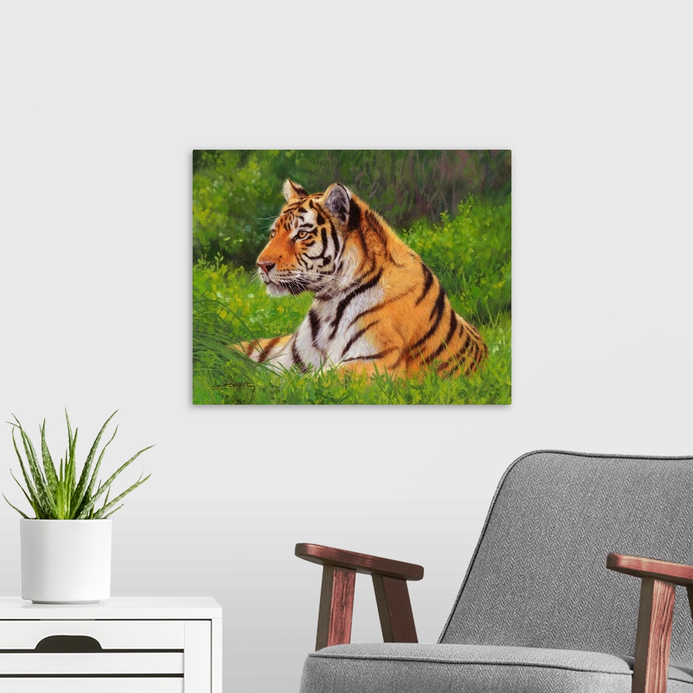 A modern room featuring Painting of a Siberian tiger laying on the grass looking proud and majestic.