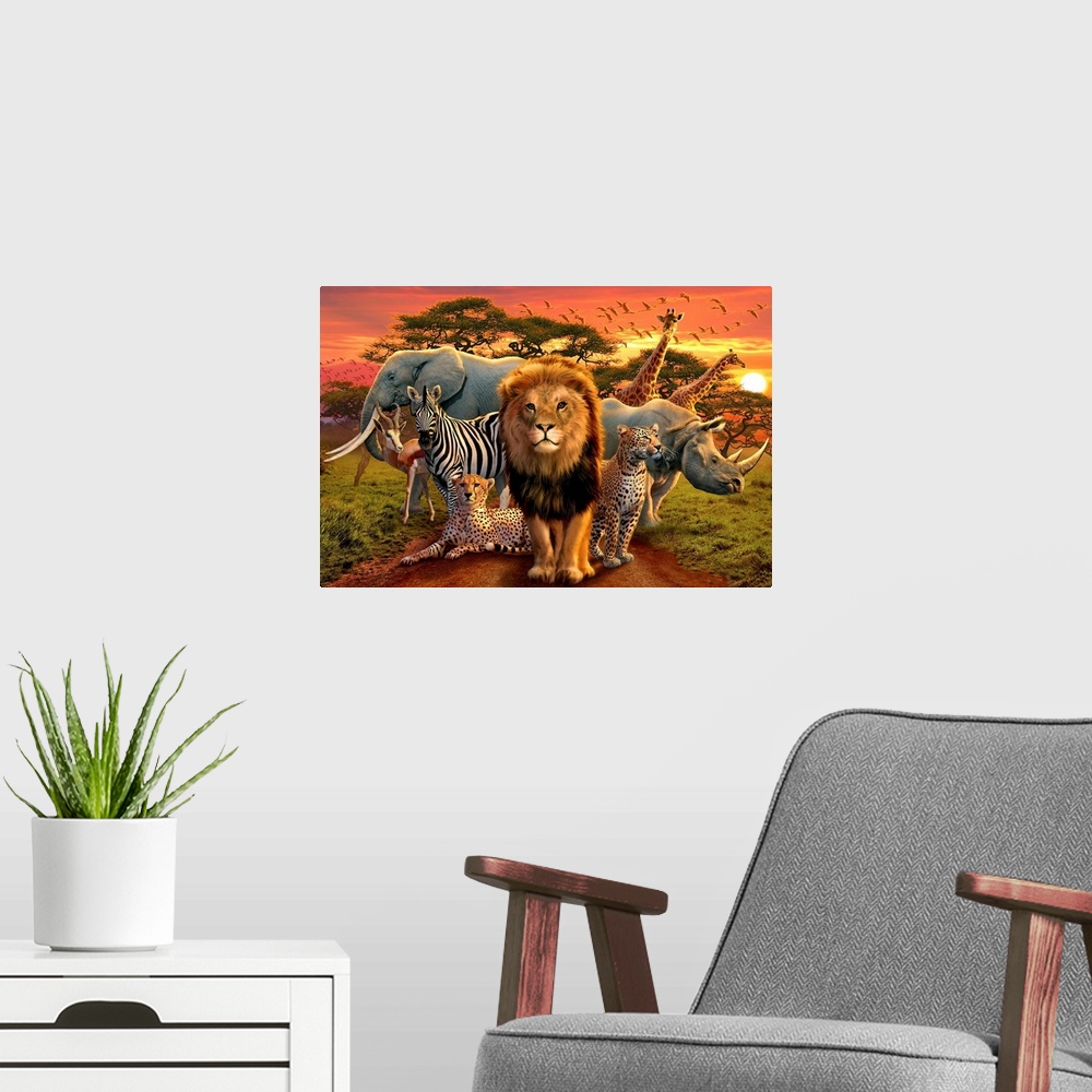 A modern room featuring Large illustration of a lion, zebra, elephant, rhinoceros, gazelle, cheetahs, giraffes and birds ...