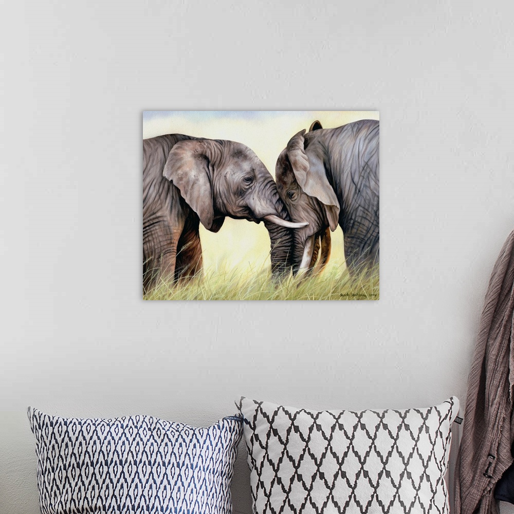 A bohemian room featuring Oil on canvas oil painting of two African elephants.