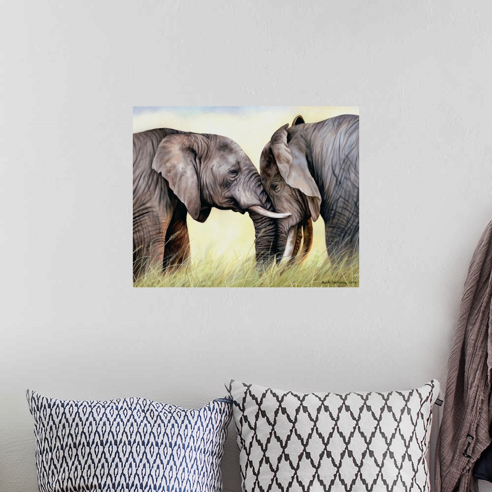 A bohemian room featuring Oil on canvas oil painting of two African elephants.