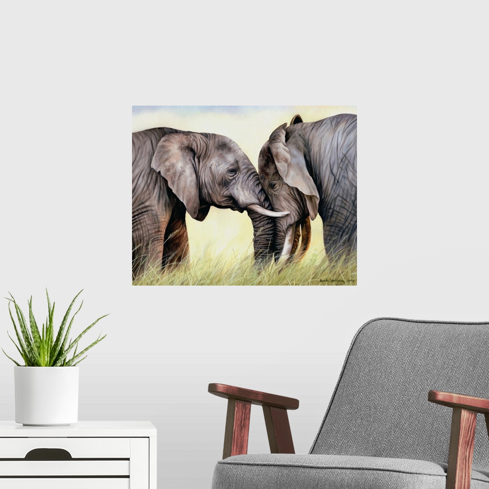 A modern room featuring Oil on canvas oil painting of two African elephants.