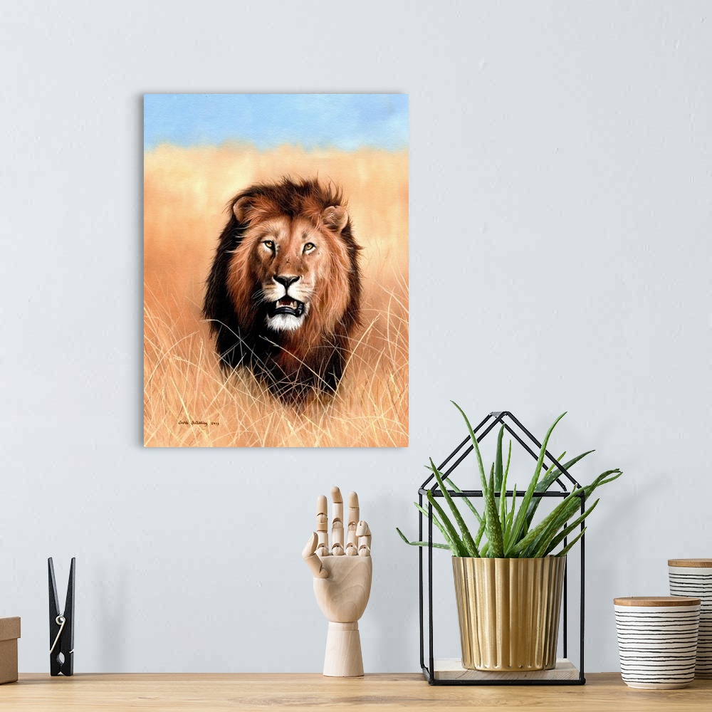 A bohemian room featuring Oil painting of an African lion in the savannah.