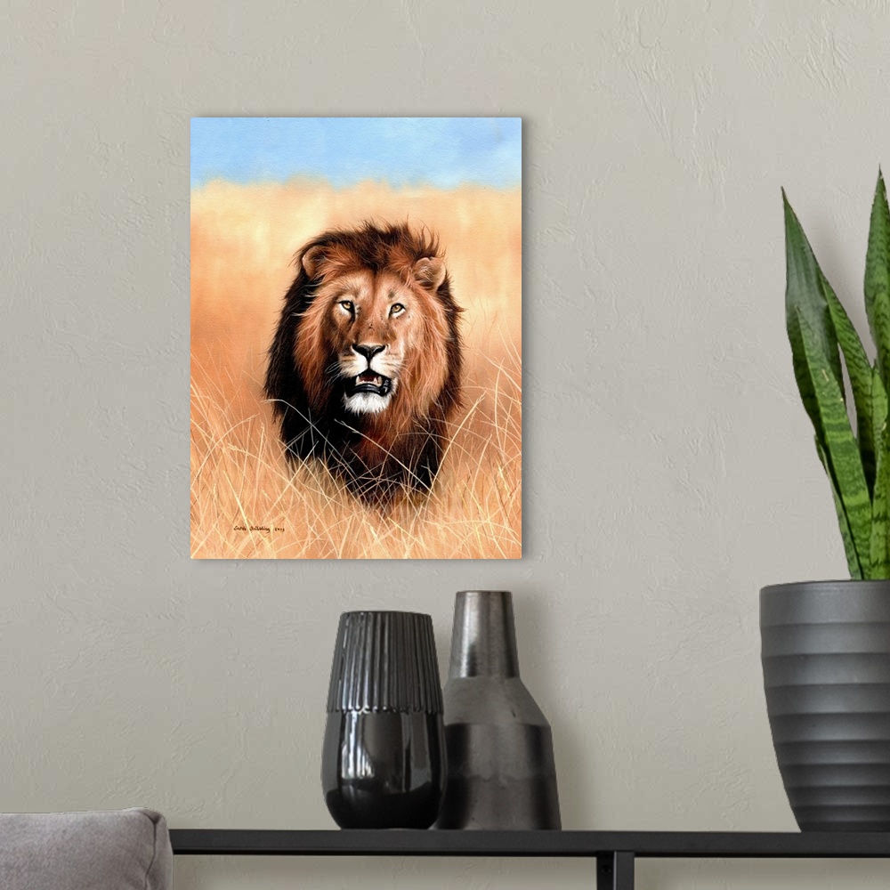 A modern room featuring Oil painting of an African lion in the savannah.