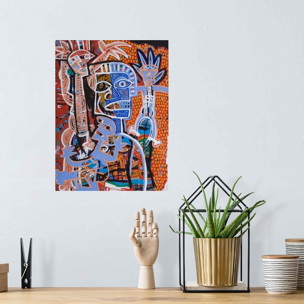 A bohemian room featuring Contemporary abstract painting using bold lines and harsh contrasts with colors ranging in warm t...