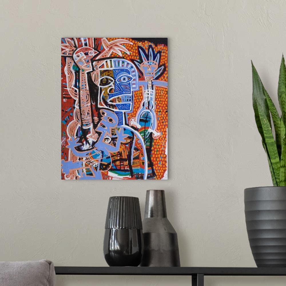 A modern room featuring Contemporary abstract painting using bold lines and harsh contrasts with colors ranging in warm t...
