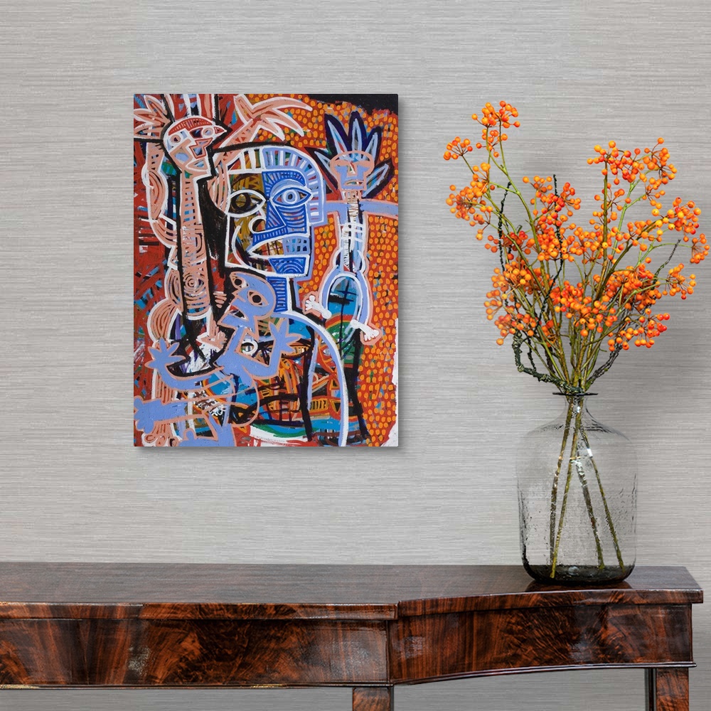 A traditional room featuring Contemporary abstract painting using bold lines and harsh contrasts with colors ranging in warm t...