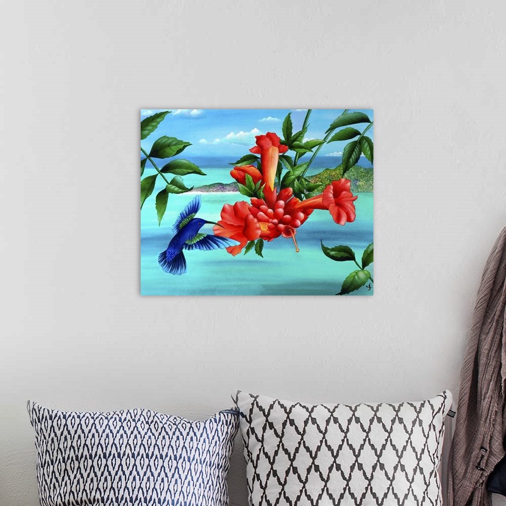 A bohemian room featuring Artwork of colorful and vibrant red tropical flowers, with a blue hummingbird hovering beside them.