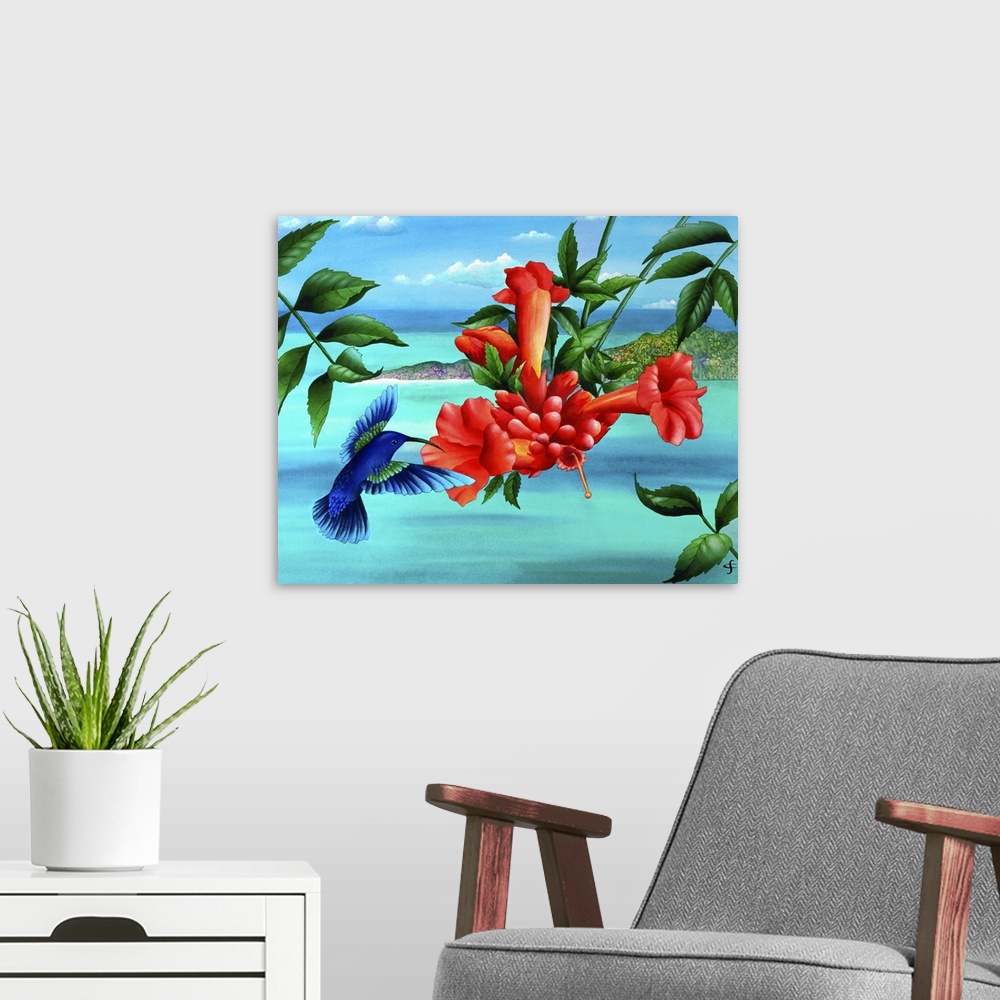 A modern room featuring Artwork of colorful and vibrant red tropical flowers, with a blue hummingbird hovering beside them.