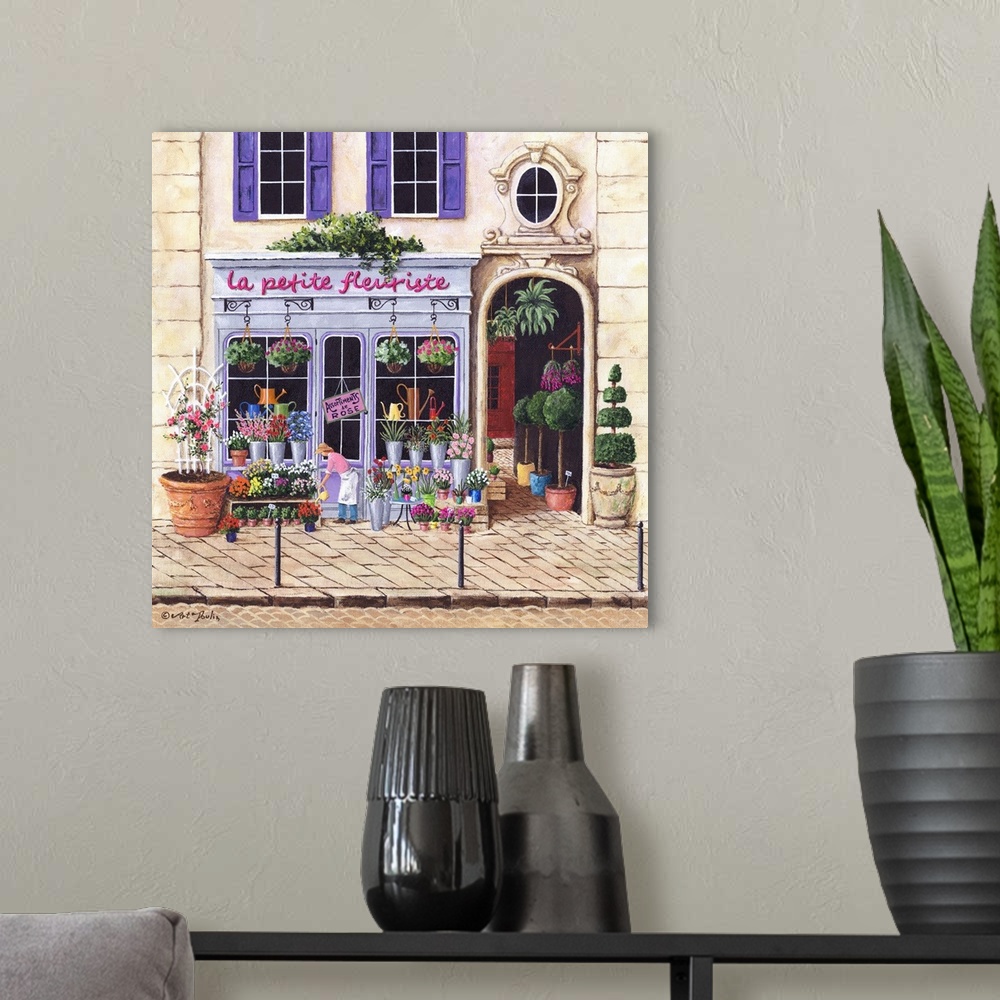 A modern room featuring Painting of a Parisian flower shop storefront.