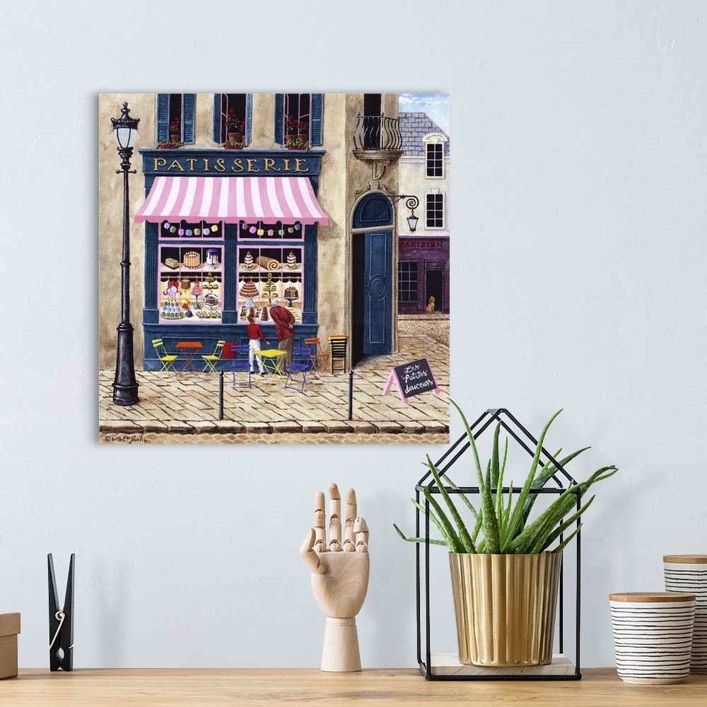A bohemian room featuring Painting of a Parisian bakery storefront.