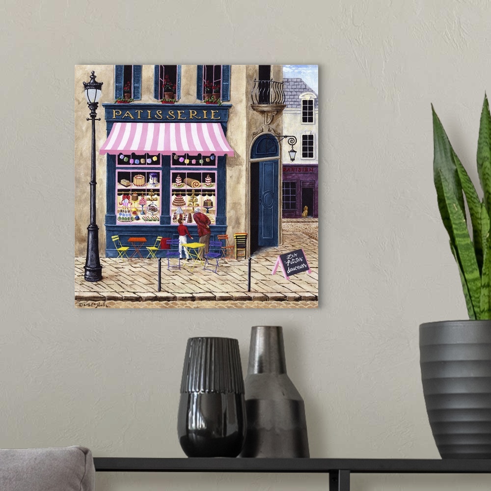 A modern room featuring Painting of a Parisian bakery storefront.