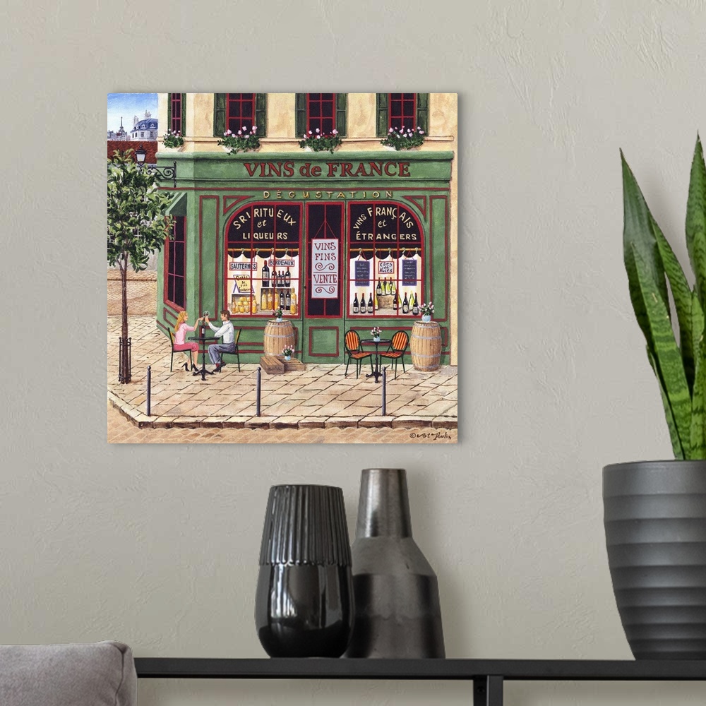 A modern room featuring Painting of a Parisian wine and liquor storefront.