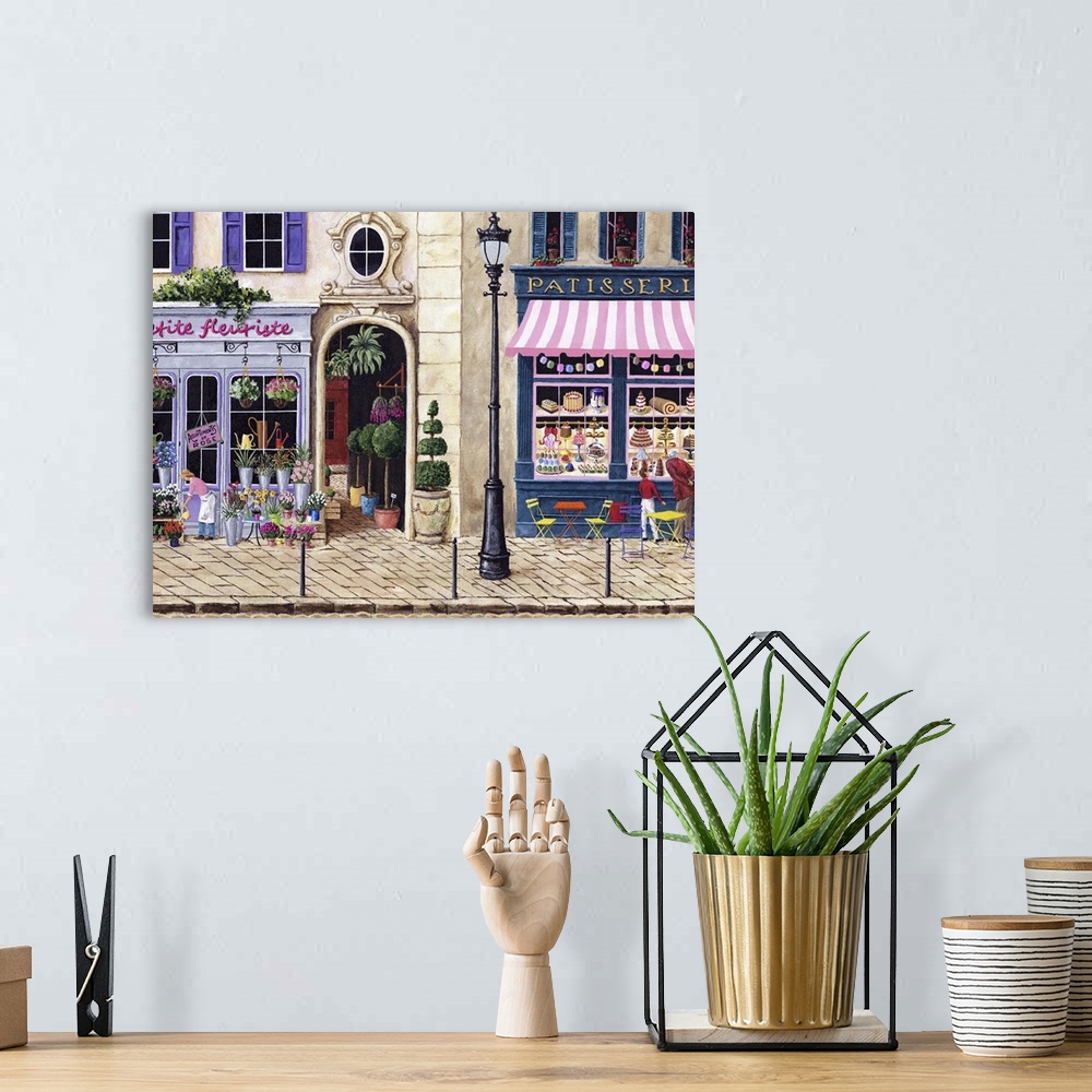 A bohemian room featuring Painting of a florist and bakery in Paris.