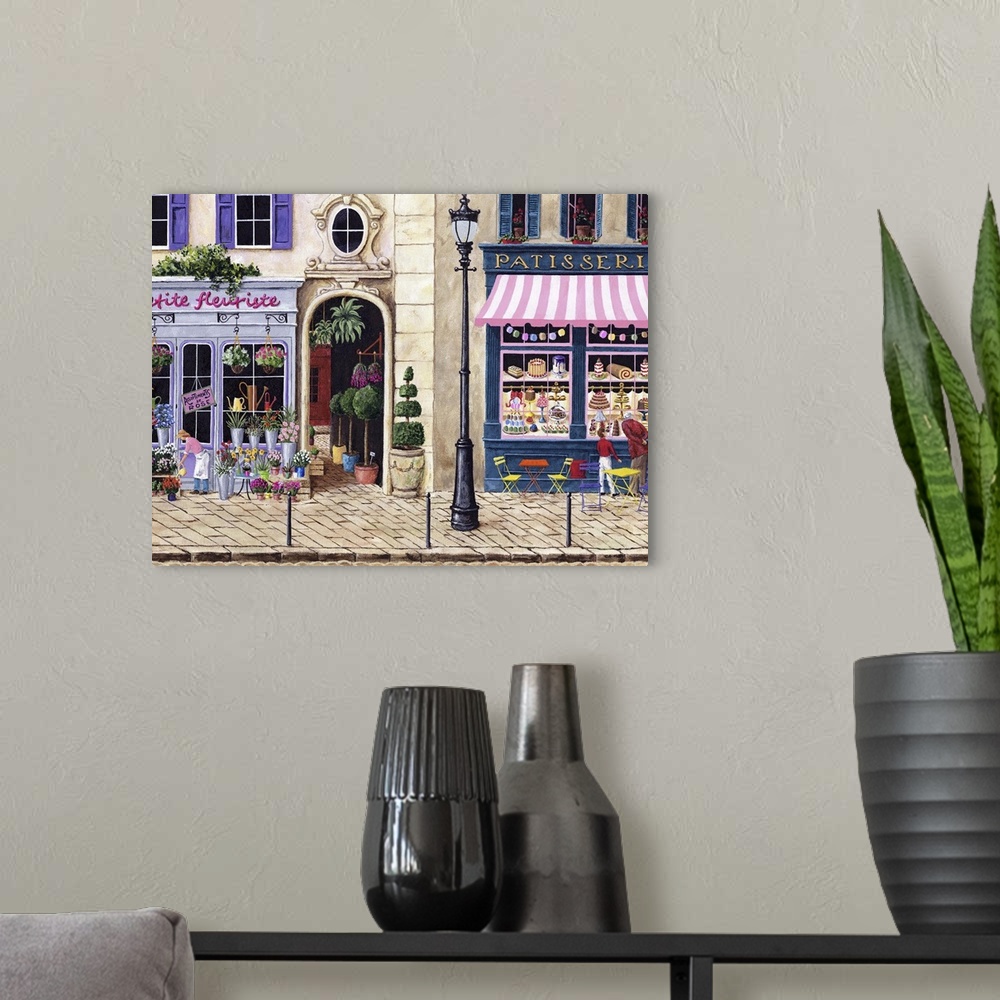 A modern room featuring Painting of a florist and bakery in Paris.