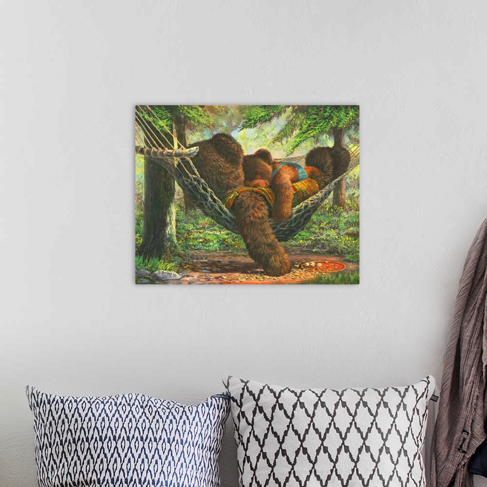 A bohemian room featuring Cute artwork of a dad teddy bear laying on a hammock with his son laying on his chest.