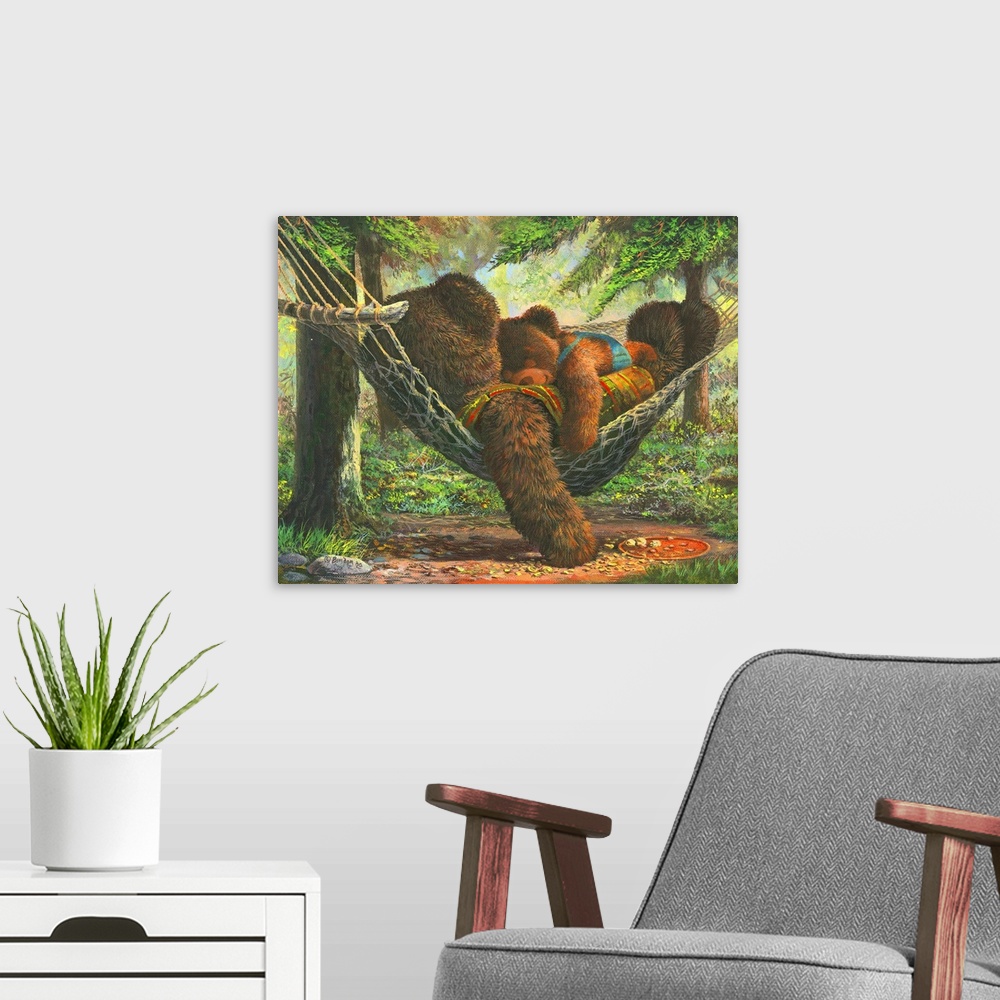 A modern room featuring Cute artwork of a dad teddy bear laying on a hammock with his son laying on his chest.