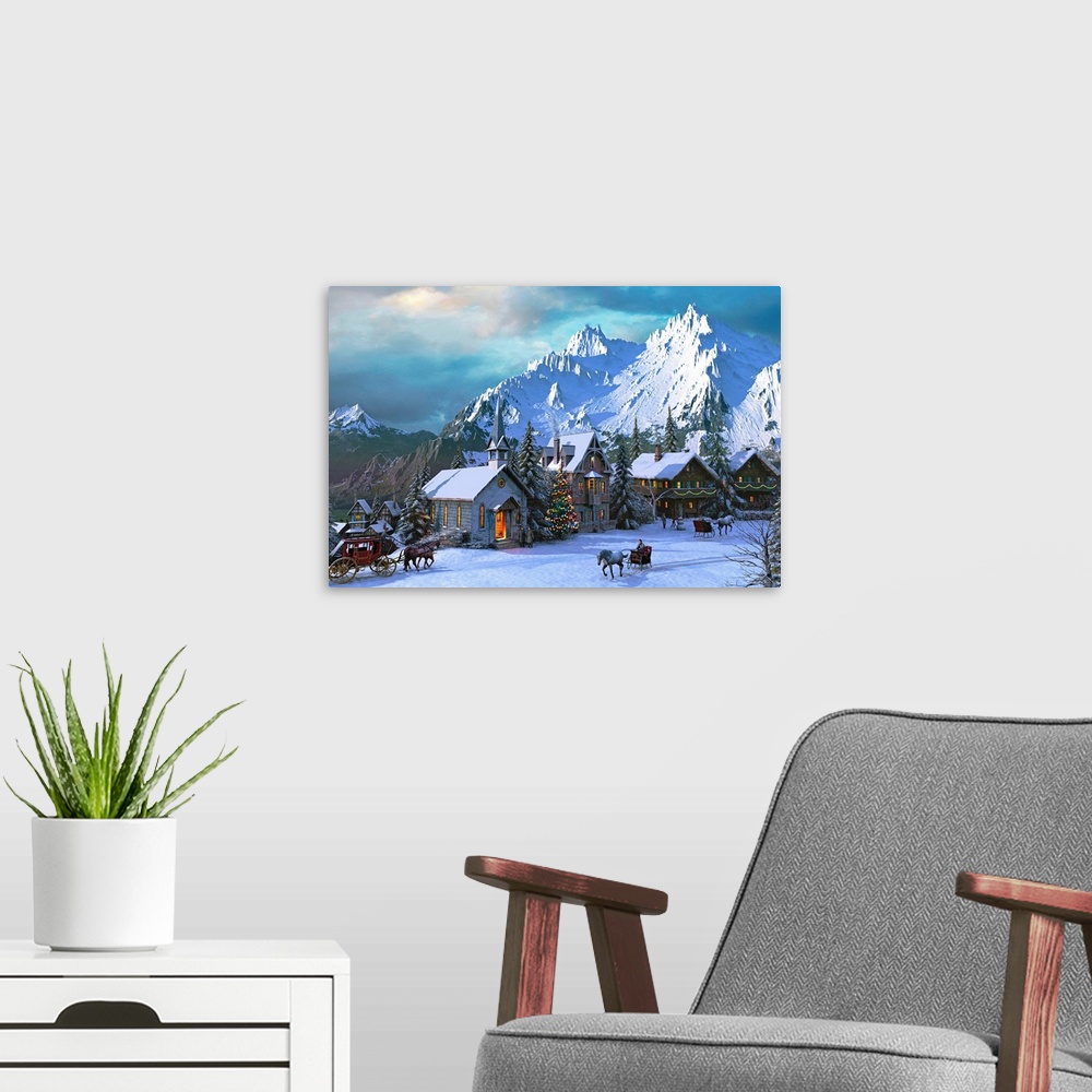 A modern room featuring A rustic village in the mountains covered with snow, all the homes have been decorated, and horse...