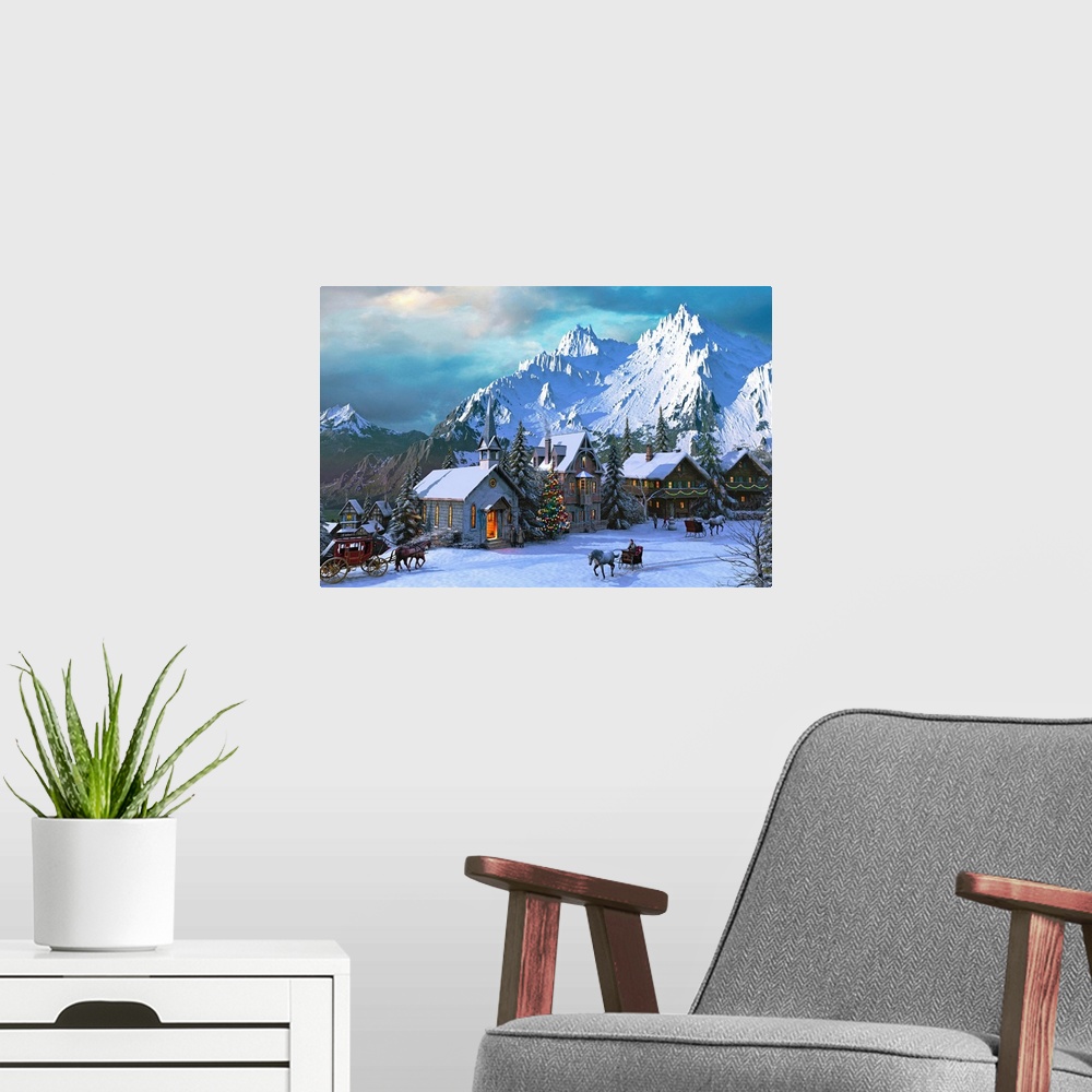 A modern room featuring A rustic village in the mountains covered with snow, all the homes have been decorated, and horse...