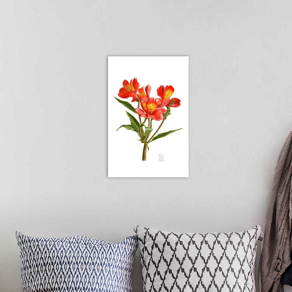 A bohemian room featuring Contemporary artwork of a vibrant orange flower against a white background.