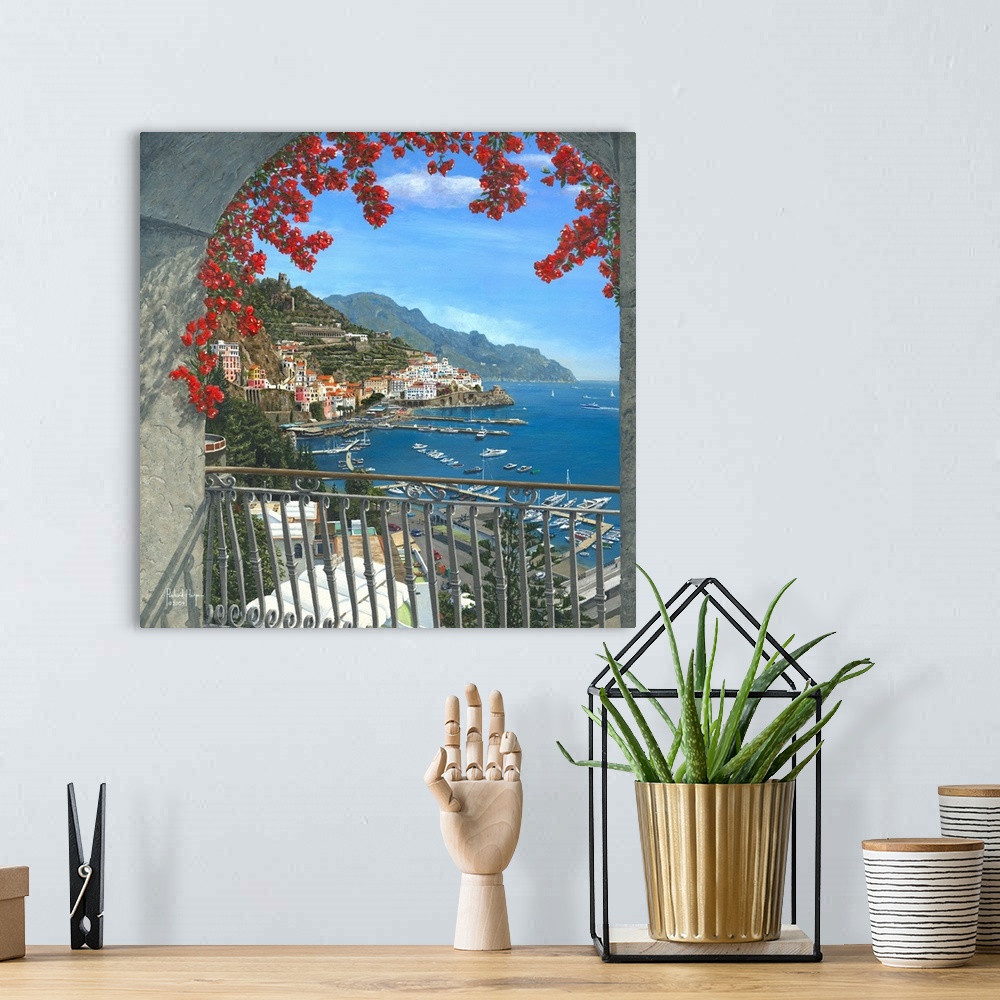 A bohemian room featuring Contemporary painting of a view of a European harbor from a floral adorned balcony.