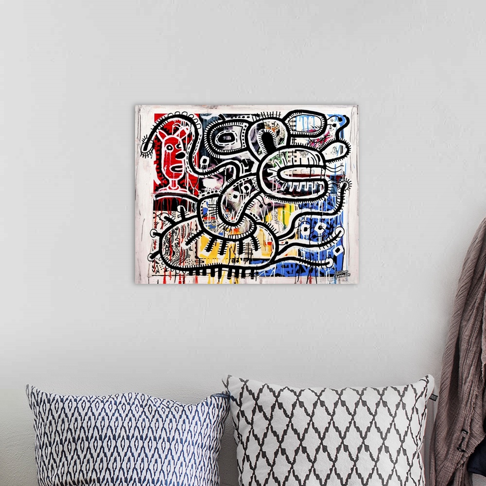 A bohemian room featuring Contemporary abstract painting of a mouse like figure in an urban art spray can style.