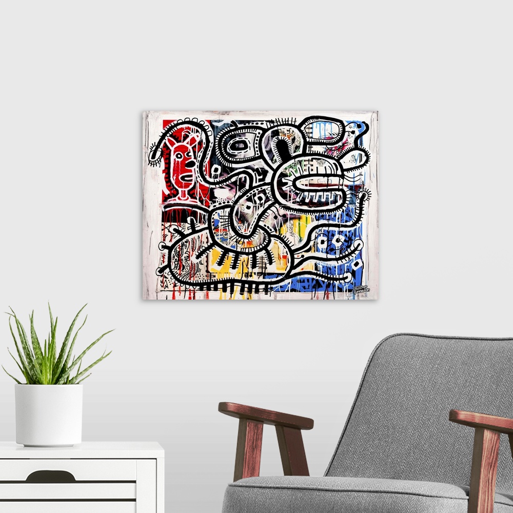 A modern room featuring Contemporary abstract painting of a mouse like figure in an urban art spray can style.