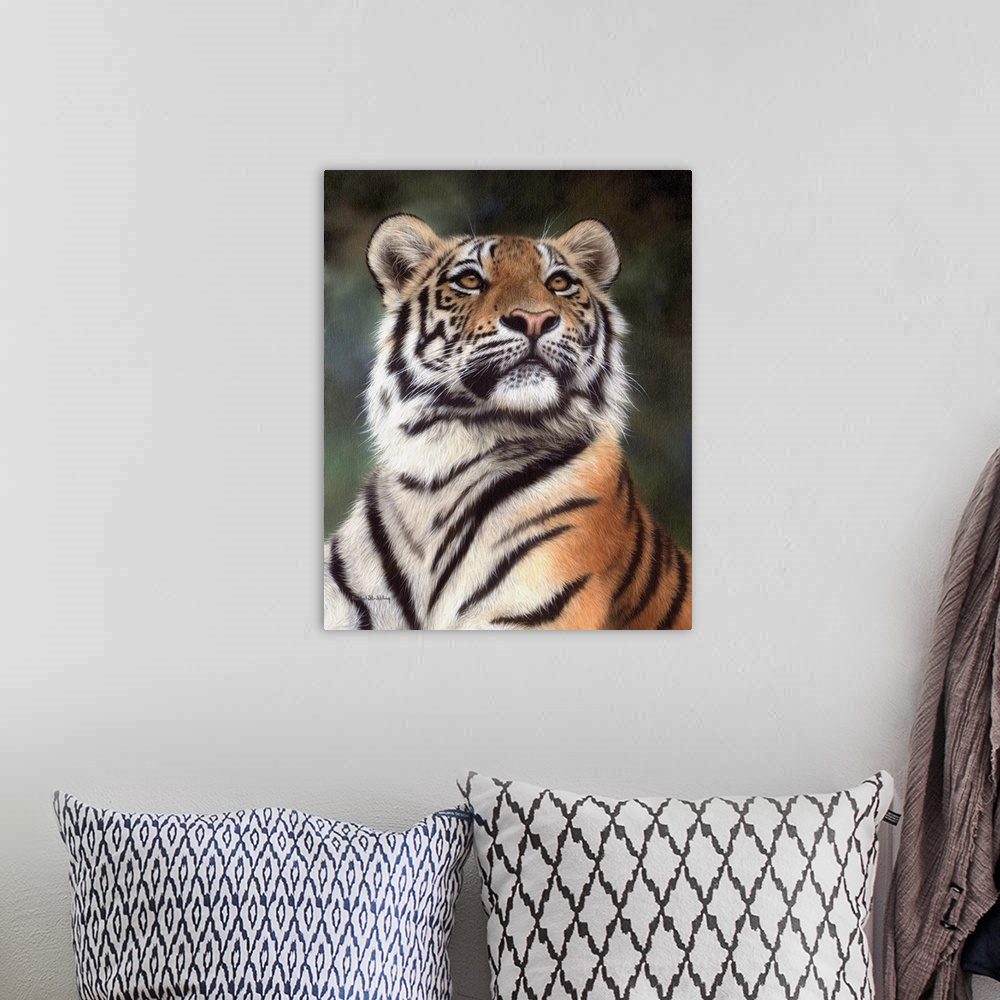 A bohemian room featuring Portrait of an Amur tiger looking up.