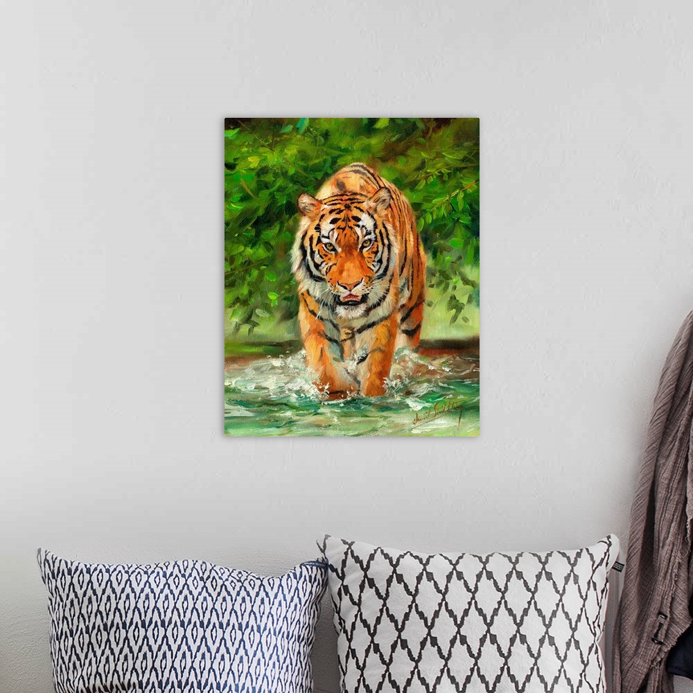 A bohemian room featuring Contemporary painting of a Siberian tiger wading through shallow water on a prowl.