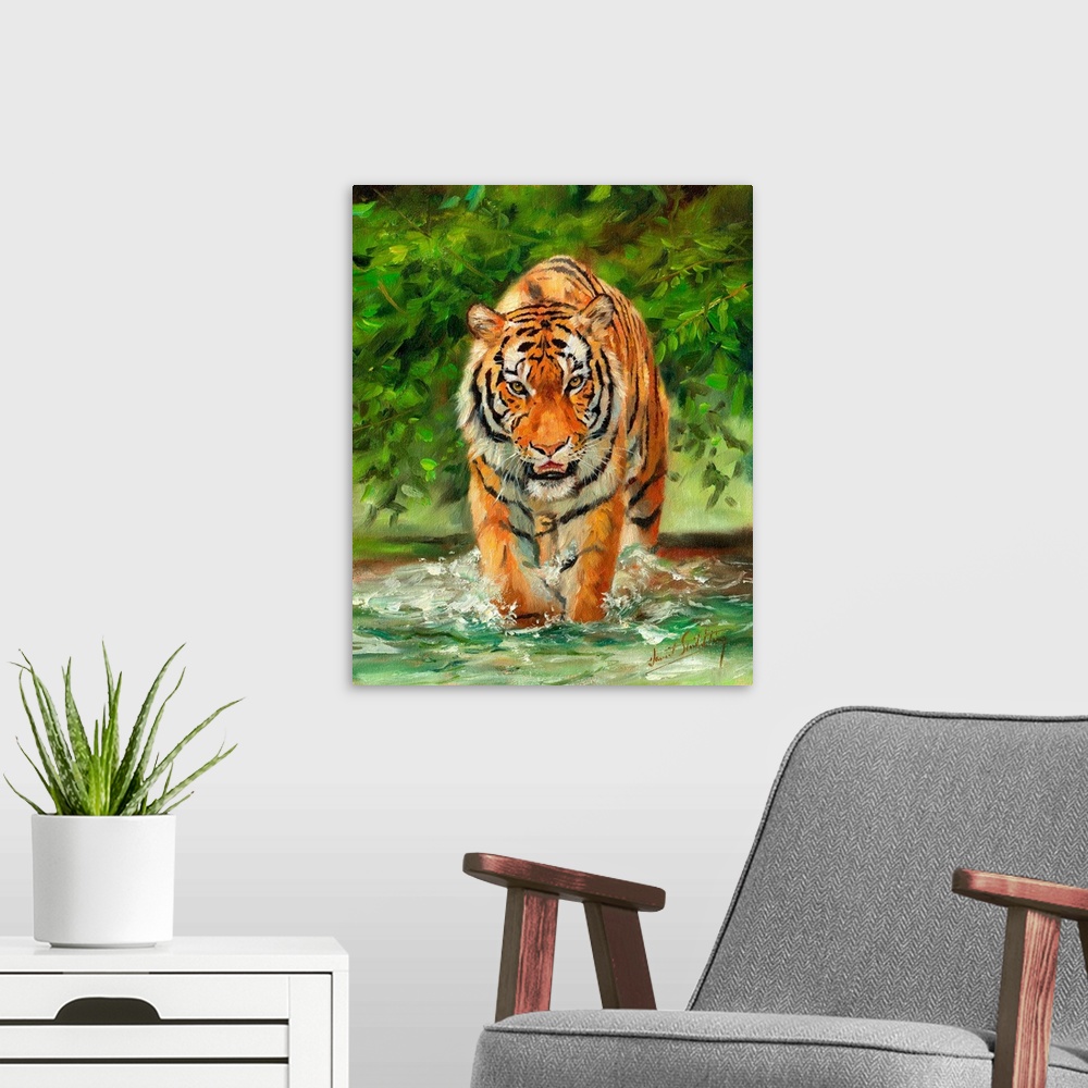 A modern room featuring Contemporary painting of a Siberian tiger wading through shallow water on a prowl.