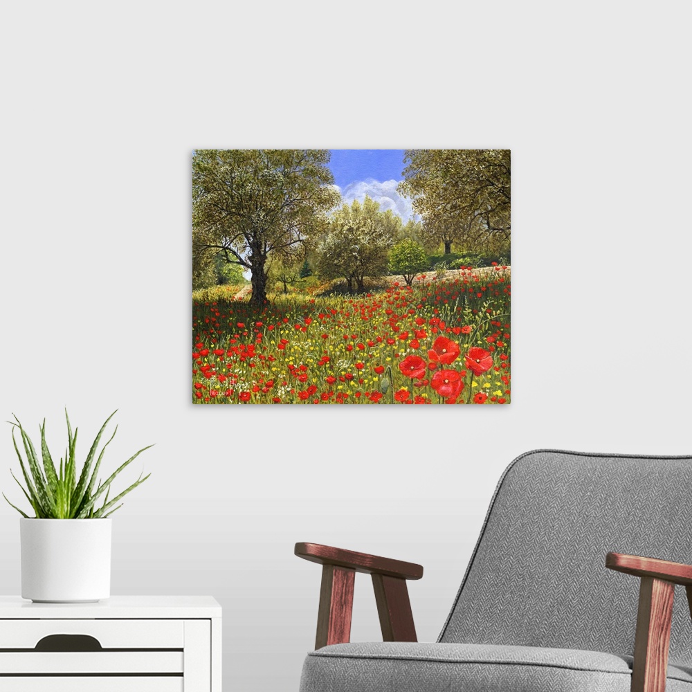A modern room featuring Contemporary painting of a grove of olive trees among patches of red flowers.