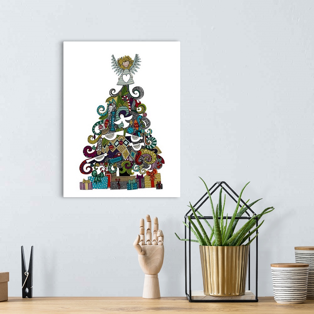 A bohemian room featuring illustrated Christmas tree, gifts and angel