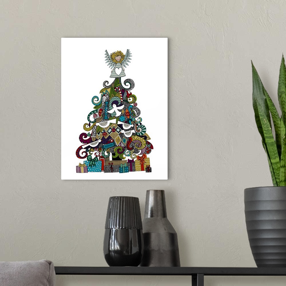 A modern room featuring illustrated Christmas tree, gifts and angel