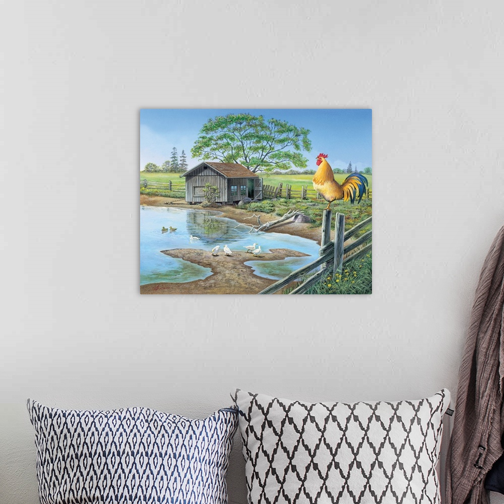 A bohemian room featuring Contemporary painting of a rooster atop a fence post crowing.