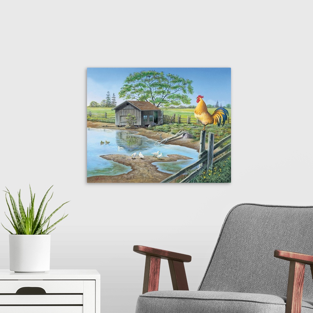 A modern room featuring Contemporary painting of a rooster atop a fence post crowing.