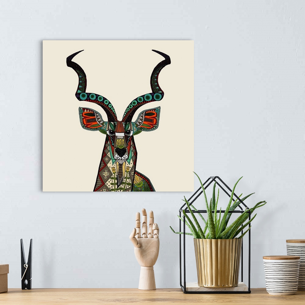 A bohemian room featuring Illustration of an antelope with twisting horns, embellished with patterns.