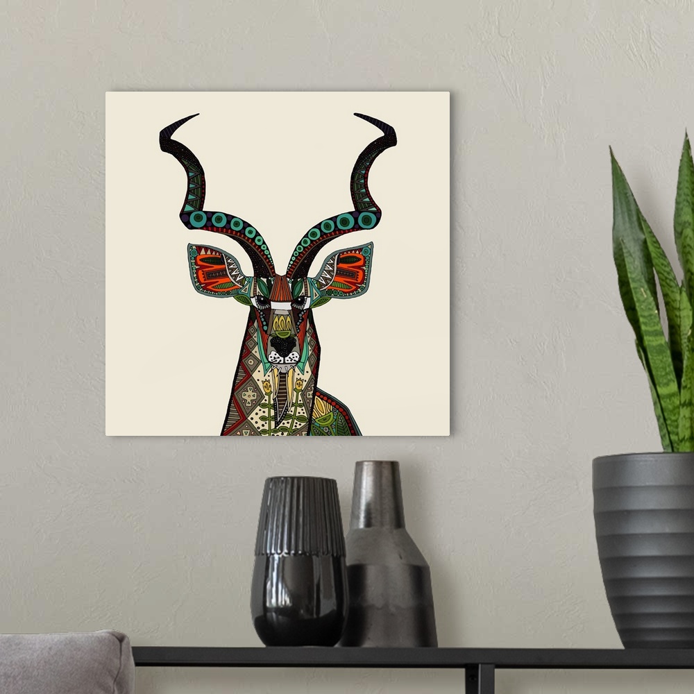 A modern room featuring Illustration of an antelope with twisting horns, embellished with patterns.