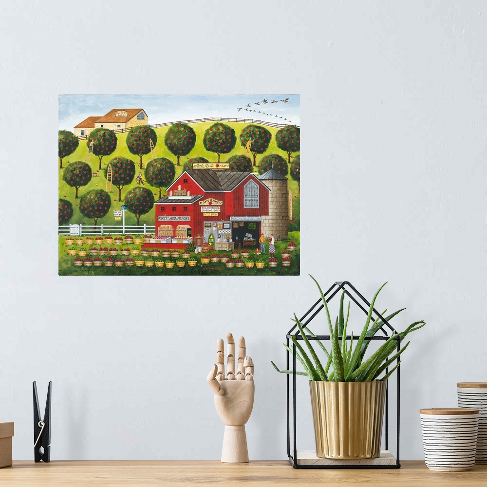 A bohemian room featuring Americana scene of a barn selling apple goods in front of an orchard.