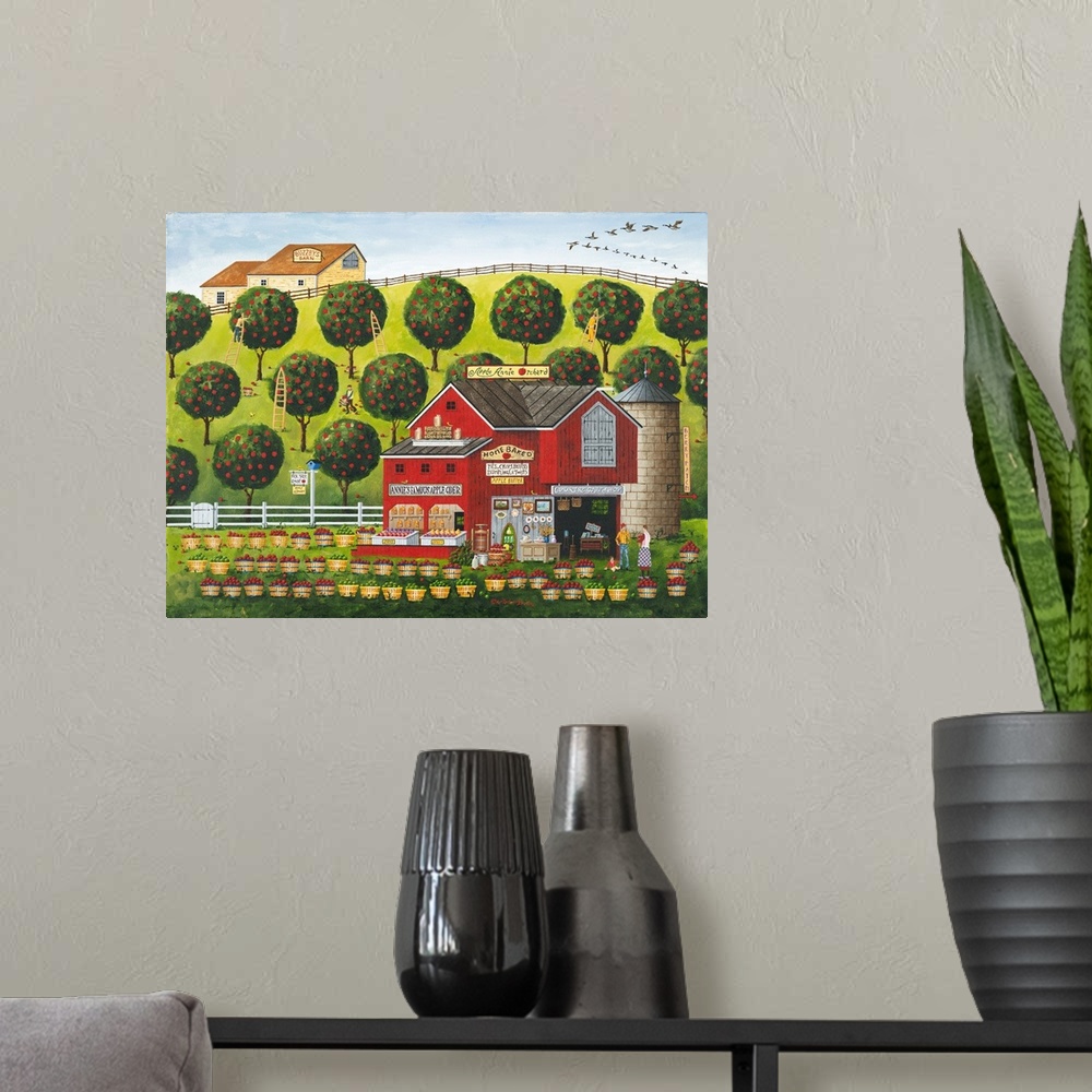 A modern room featuring Americana scene of a barn selling apple goods in front of an orchard.