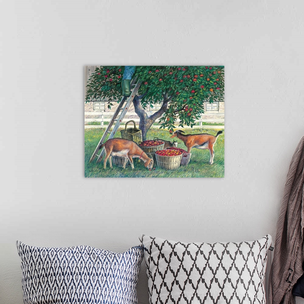 A bohemian room featuring Contemporary painting of goats getting into baskets of freshly picked apples.