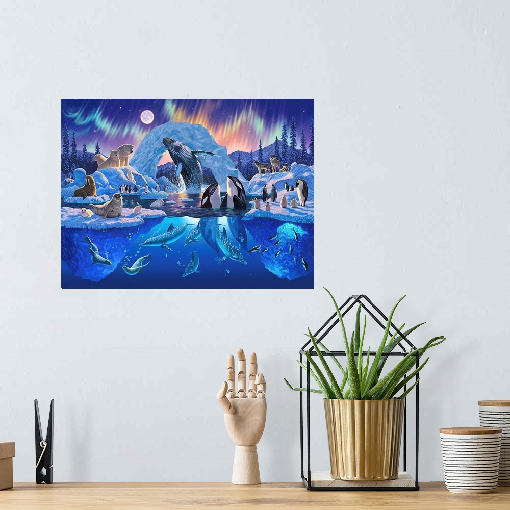 A bohemian room featuring Whimsical painting of polar life.  There are images of killer whales, penguins, polar bears, walr...