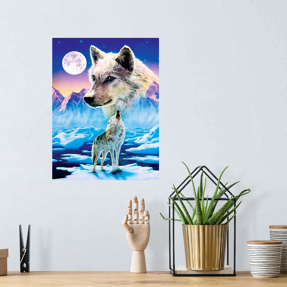 A bohemian room featuring This decorative wall art is a painting of a wolf howling at the moon while standing on an ice flo...