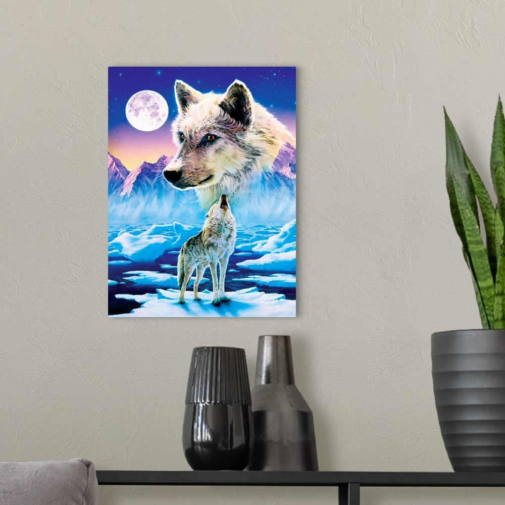 A modern room featuring This decorative wall art is a painting of a wolf howling at the moon while standing on an ice flo...