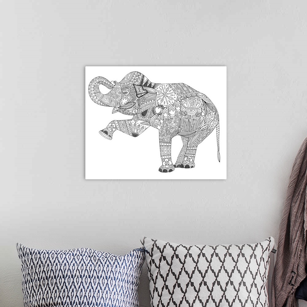 A bohemian room featuring Illustration of an Asian elephant with geometric patterns.