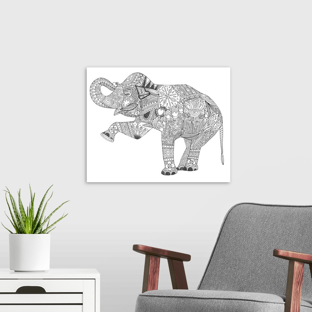 A modern room featuring Illustration of an Asian elephant with geometric patterns.