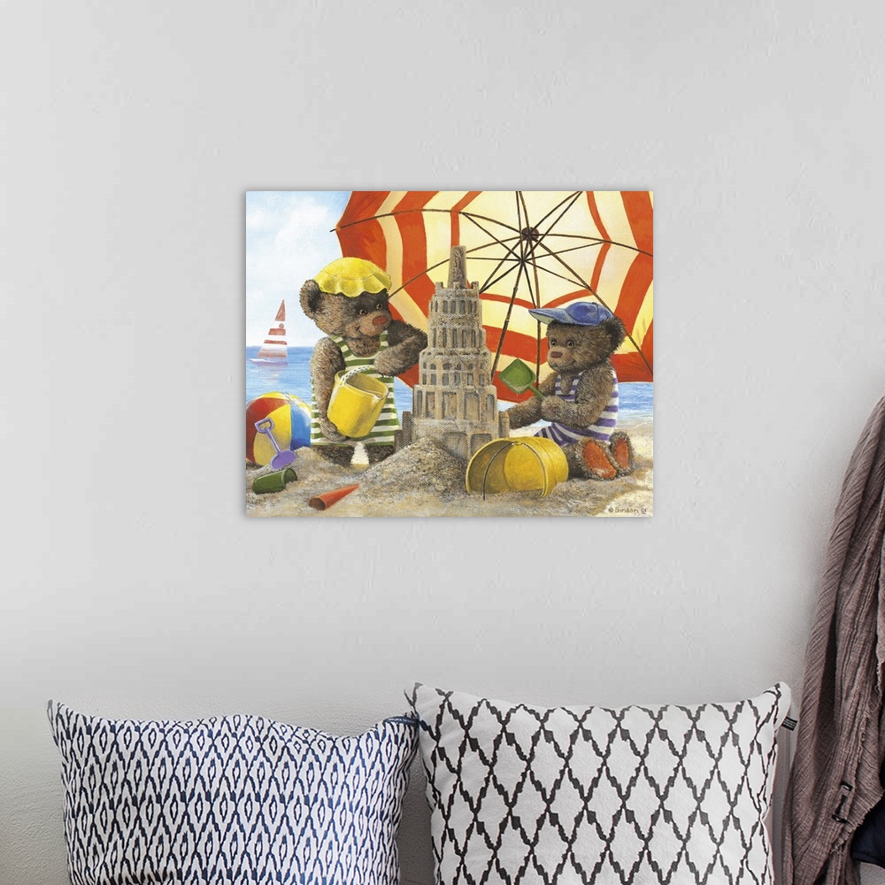 A bohemian room featuring Two teddy bear children making a sandcastle on the beach.
