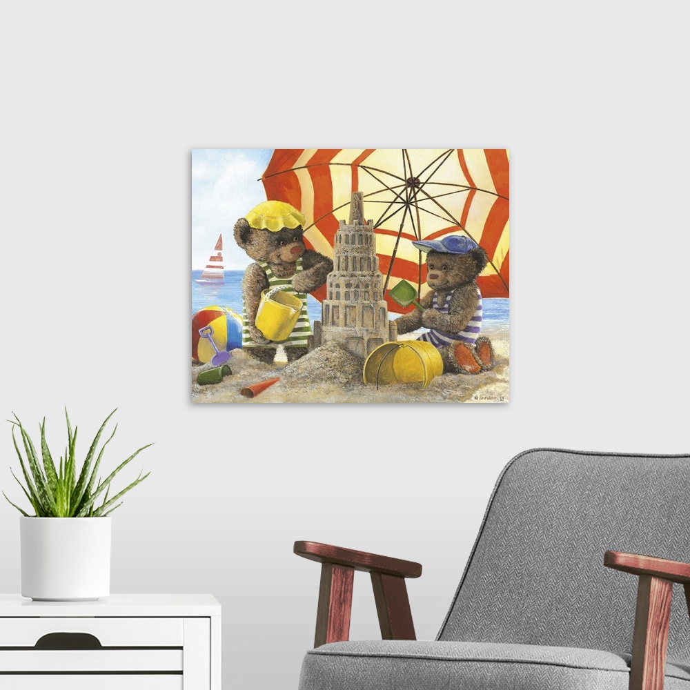 A modern room featuring Two teddy bear children making a sandcastle on the beach.