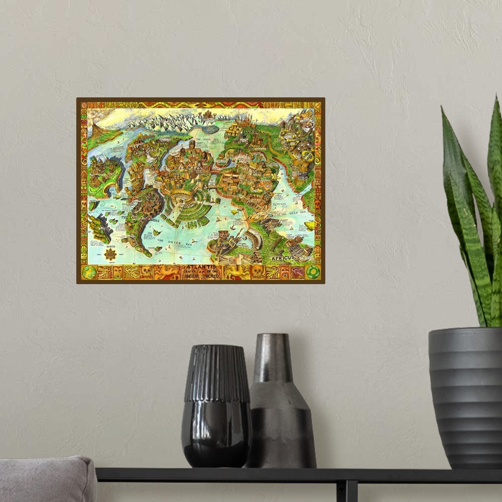 A modern room featuring Artist's image of the fabled city of Atlantis, the image is in a map format
