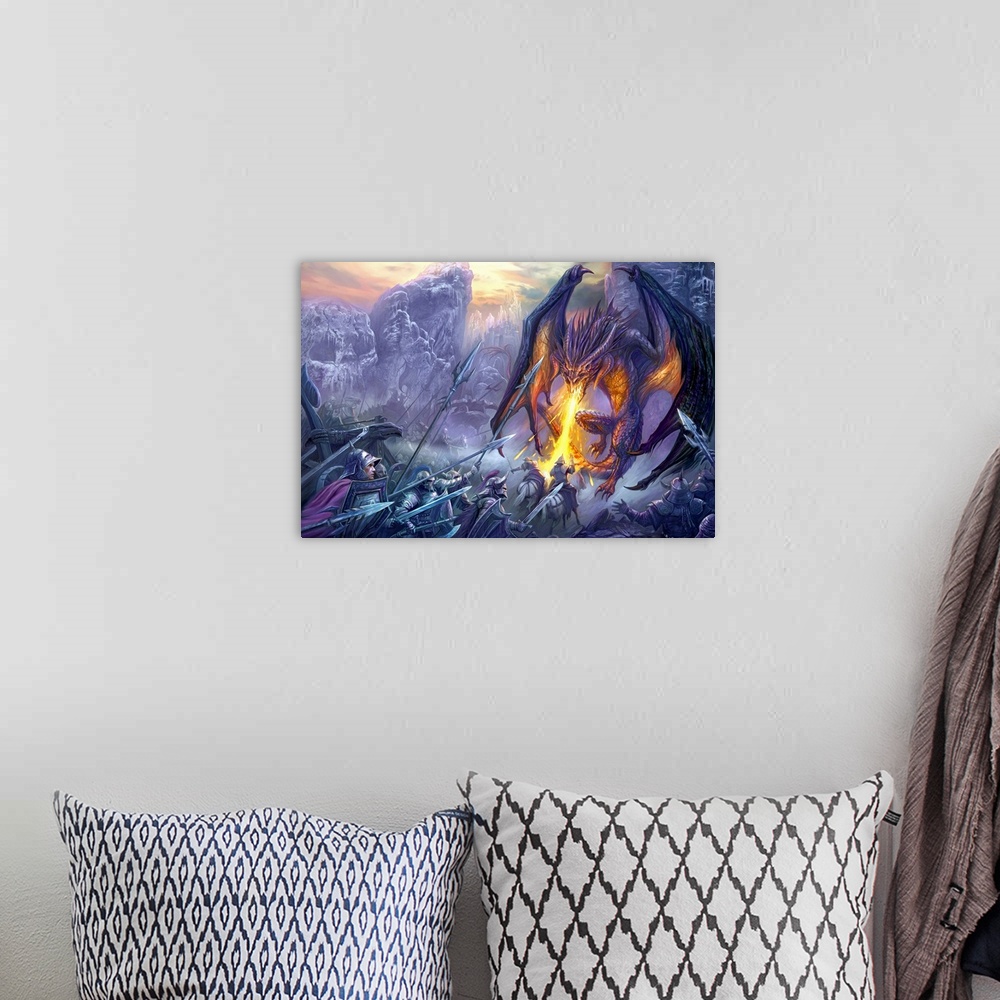 A bohemian room featuring Horizontal fantasy artwork on a large wall hanging of a dragon breathing fire onto a large group ...