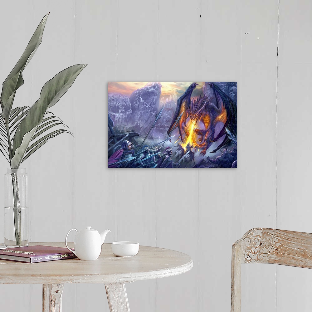 A farmhouse room featuring Horizontal fantasy artwork on a large wall hanging of a dragon breathing fire onto a large group ...