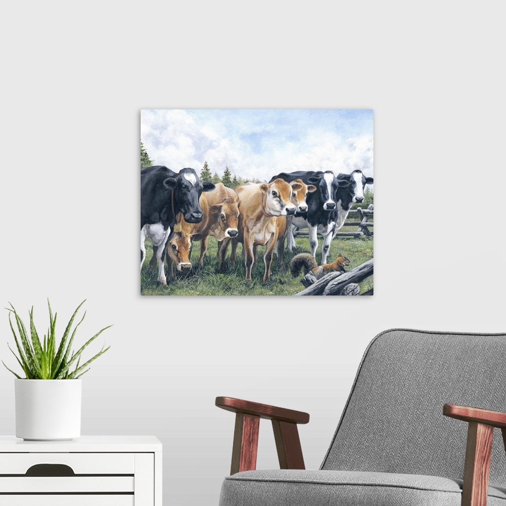 A modern room featuring Contemporary artwork of a group of cows watching a squirrel on a fence with an acorn in its mouth.